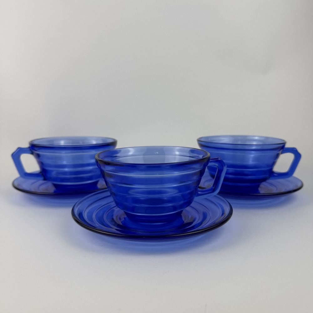 Vintage Hazel Atlas Moderntone Cobalt Blue Depression Glass Cups Saucers Set 3
